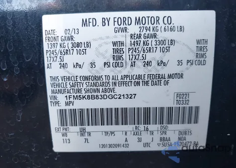 2013 Ford Explorer z USA, uszkodzony, nr VIN 1FM5K8B83DGC21327